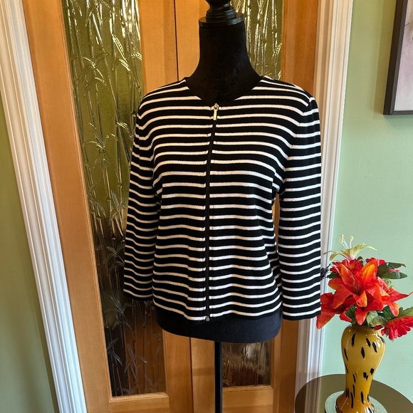Chaps Black & White Striped Career Cardigan Sweater Zip Front Size Large NWOT - Picture 6 of 11
